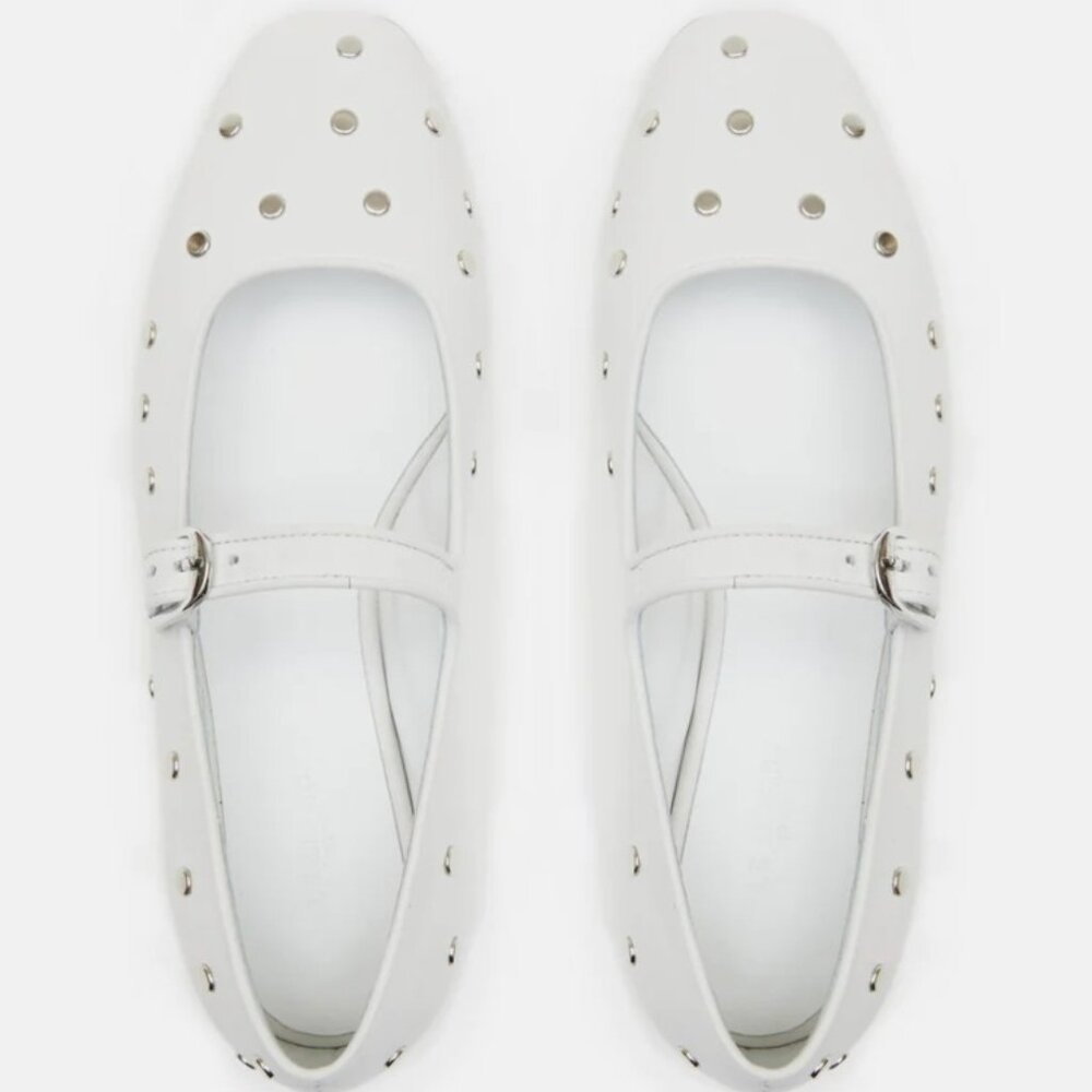 Le Monde Beryl White Studded Leather Mary Jane Ballerina Flats, Sz. 39, NWT